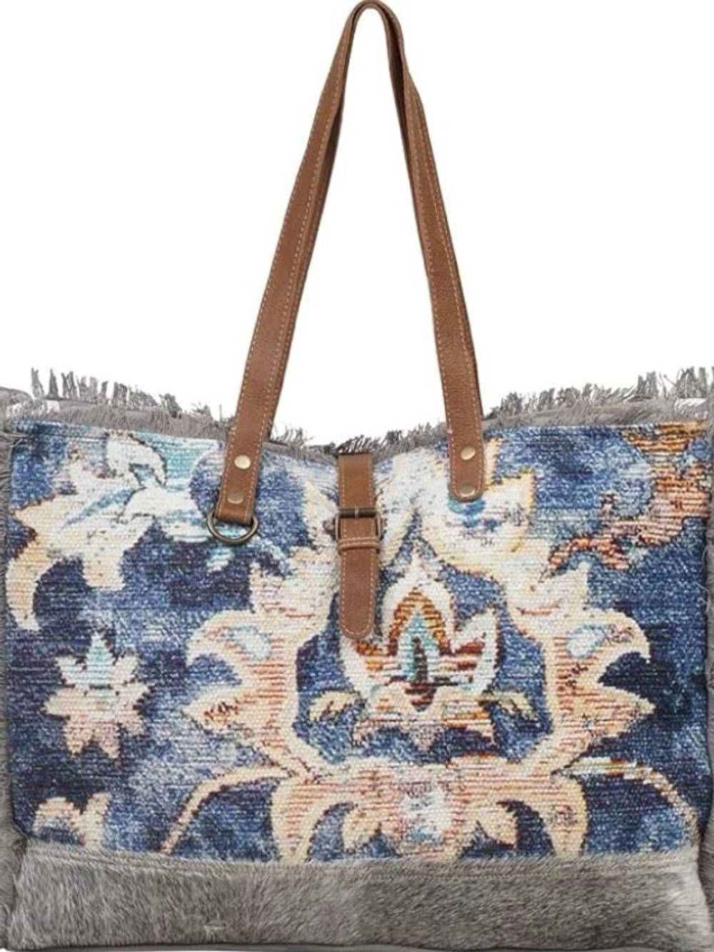 Myra Weekender Tapestry Tote Bag in Blue and Brown 27.75x15